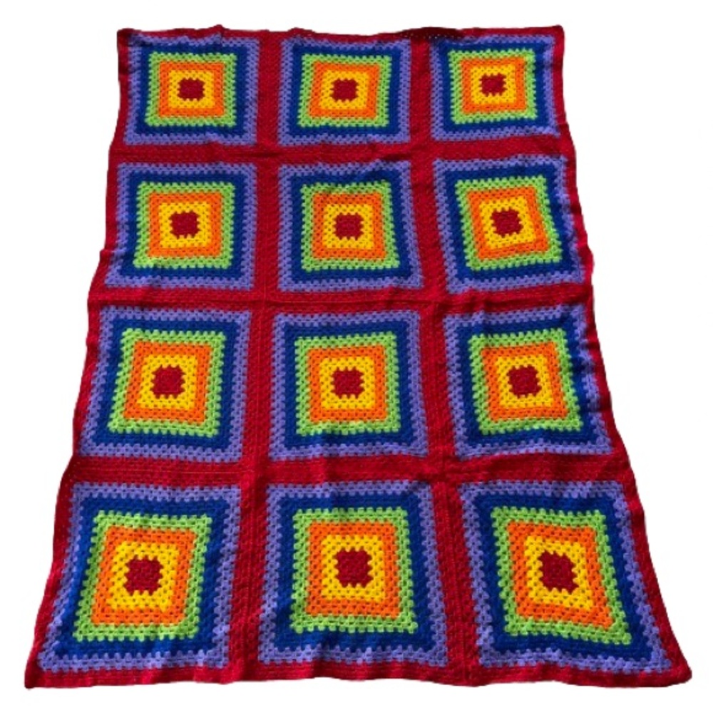 Handmade Large Rainbow Multicolor Granny Square Throw Blanket Dopamine Colorful
